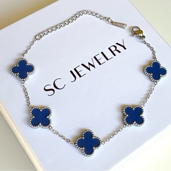 🎄 HOLIDAY PICK 🎄 Clover Bracelet Royal Blue & Silver Double Sided Four Leaf - Picture 9 of 13